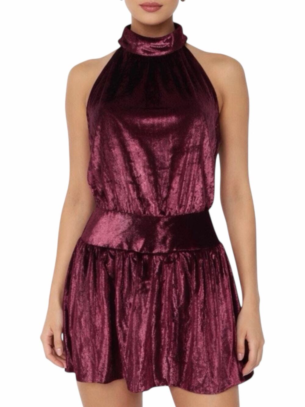 Ramy Brook Ellin Velvet Halter Neck Blouson Mini Dress Deep Red Size L